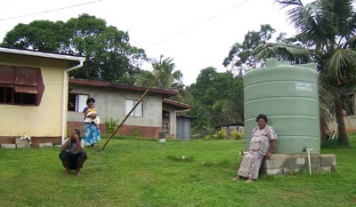 New roof-fed communal water tanks at Bavu, Fiji
